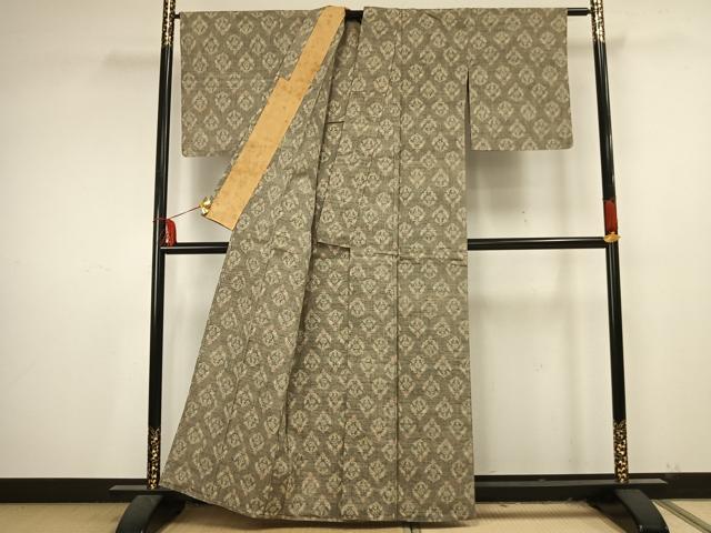 平和屋着物▽上質な紬　単衣　幾何学花文　正絹　逸品　AAAU7989fy