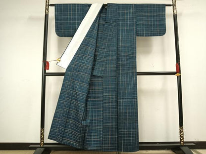 平和屋着物▽上質な紬 単衣 格子 正絹 逸品 AAAU7990fy