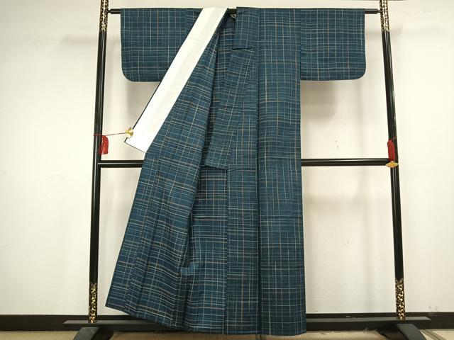 平和屋着物▽上質な紬 単衣 格子 正絹 逸品 AAAU7990fy
