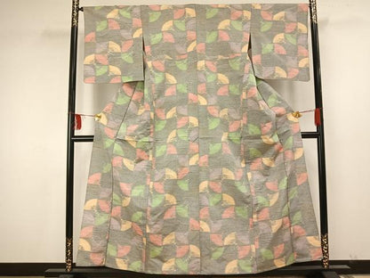 平和屋着物▽上質な紬 単衣 市松舞扇文 正絹 逸品 AAAU7995fy