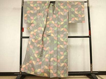 平和屋着物▽上質な紬 単衣 市松舞扇文 正絹 逸品 AAAU7995fy