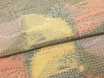 平和屋着物▽上質な紬 単衣 市松舞扇文 正絹 逸品 AAAU7995fy
