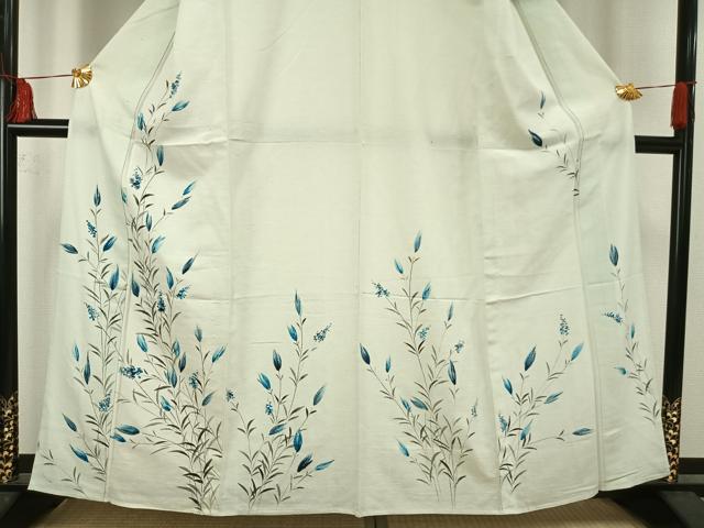 平和屋着物▽訪問着　単衣　紬地　手描き　草花文　正絹　逸品　AAAU7997fy