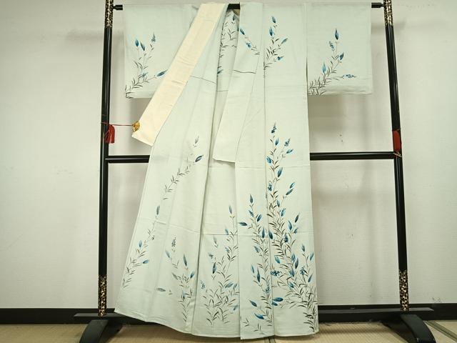 平和屋着物▽訪問着　単衣　紬地　手描き　草花文　正絹　逸品　AAAU7997fy