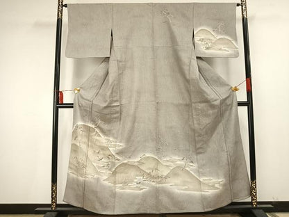 平和屋着物▽訪問着 単衣 ふくれ織 飛鶴風景文 正絹 逸品 AAAU7999fy