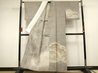 平和屋着物▽訪問着 単衣 ふくれ織 飛鶴風景文 正絹 逸品 AAAU7999fy