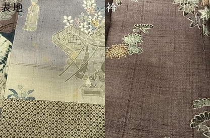 平和屋着物●生紬　切継　寄裂　人物風景花文　正絹　逸品　AAAU8006zg