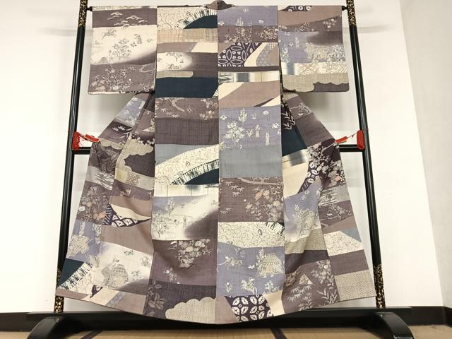 平和屋着物●生紬　切継　寄裂　人物風景花文　正絹　逸品　AAAU8006zg