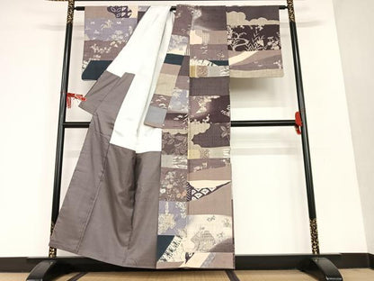 平和屋着物●生紬　切継　寄裂　人物風景花文　正絹　逸品　AAAU8006zg