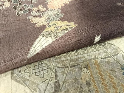 平和屋着物●生紬　切継　寄裂　人物風景花文　正絹　逸品　AAAU8006zg