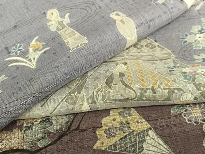 平和屋着物●生紬　切継　寄裂　人物風景花文　正絹　逸品　AAAU8006zg