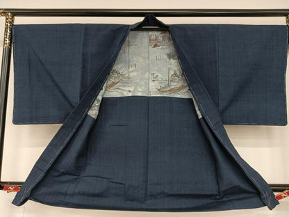 平和屋着物●男性 紬 アンサンブル 色無地 鉄紺色 正絹 逸品 AAAU8037zg