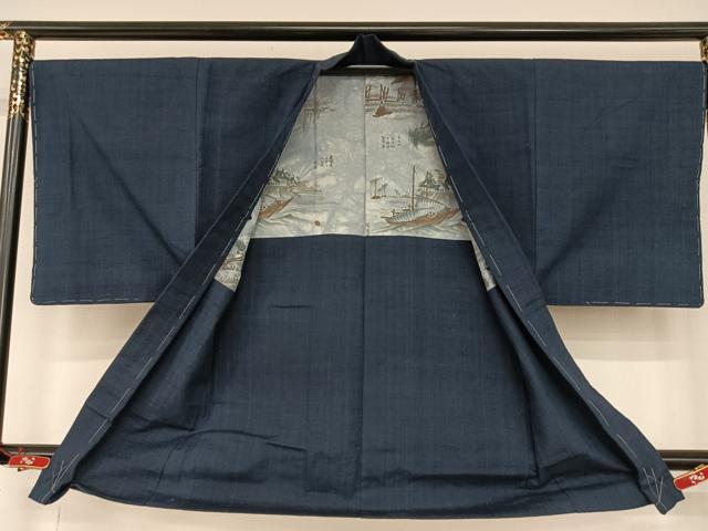 平和屋着物●男性 紬 アンサンブル 色無地 鉄紺色 正絹 逸品 AAAU8037zg