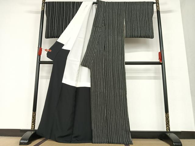 平和屋着物●上質な小紋　縞　黒地　正絹　逸品　AAAU8043zg