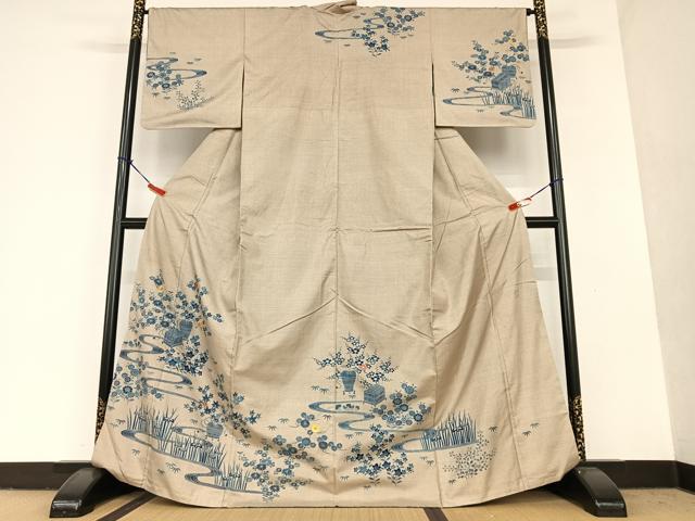 平和屋着物●人間国宝　五代　田畑喜八　本場大島紬　訪問着　駒刺繍　流水籠花文　高島屋扱い　正絹　逸品　AAAU8084zg