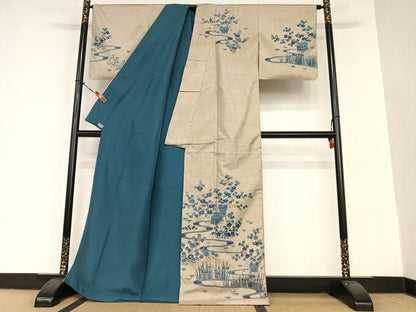 平和屋着物●人間国宝　五代　田畑喜八　本場大島紬　訪問着　駒刺繍　流水籠花文　高島屋扱い　正絹　逸品　AAAU8084zg