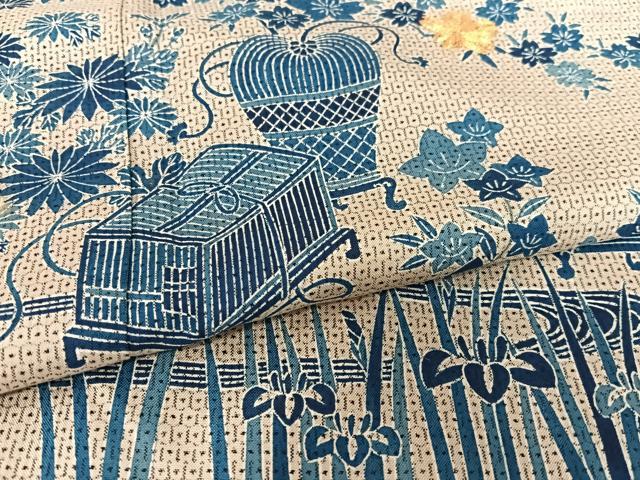 平和屋着物●人間国宝　五代　田畑喜八　本場大島紬　訪問着　駒刺繍　流水籠花文　高島屋扱い　正絹　逸品　AAAU8084zg