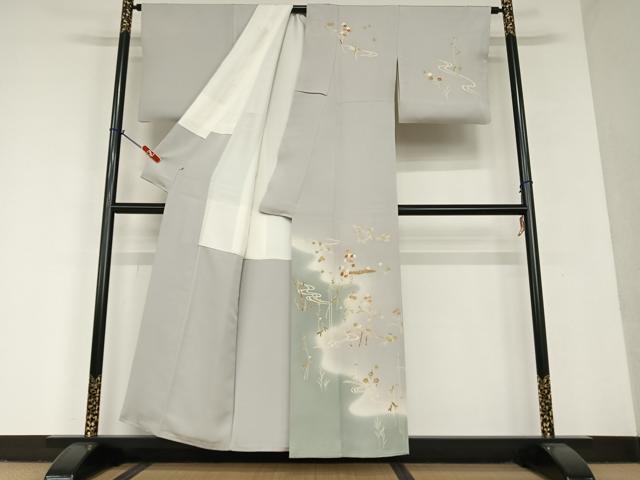 平和屋着物●創業460年・千總 訪問着 手描き 駒刺繍 流水花文 暈し染め 金彩 鈴乃屋扱い 正絹 逸品 AAAU8101zg