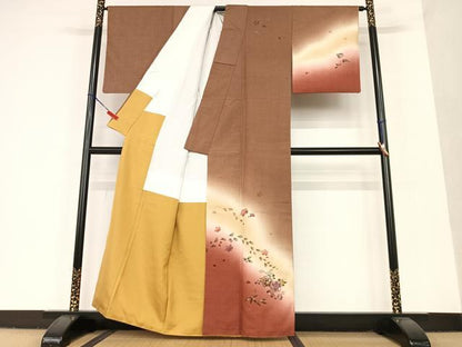 平和屋着物●訪問着 作家物 紬地 舞花文 暈し染め 金彩 正絹 逸品 AAAU8123zg
