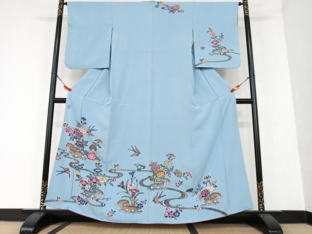 平和屋着物●本場琉球紅型 訪問着 流水花鳥文 正絹 逸品 AAAU8131zg