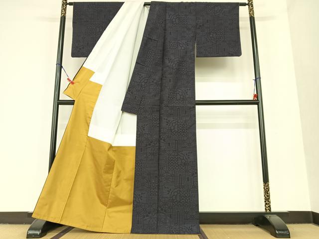 平和屋着物●結城紬 80亀甲 麻の葉文様 青海波 正絹 逸品 AAAU8134zg