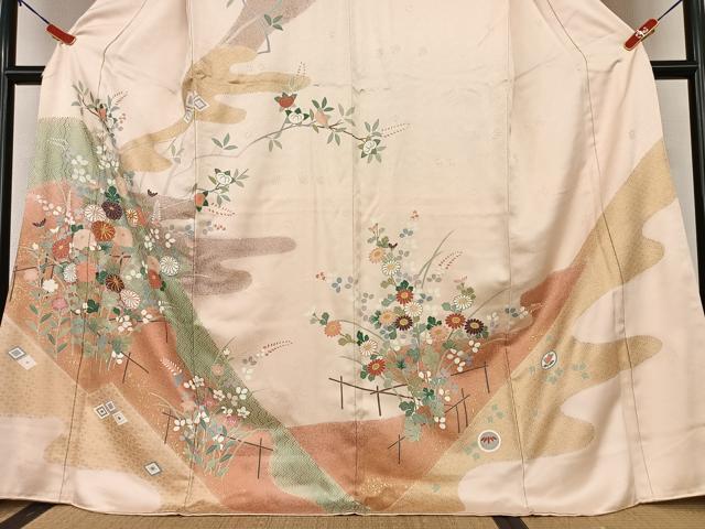 (あ867)振袖用長襦袢㊗️絞り染め 落ち着いた若草色 花模様は手描き✨ あ867)振袖用長襦袢㊗️絞り染め 落ち着いた若草色 花模様は手描き✨