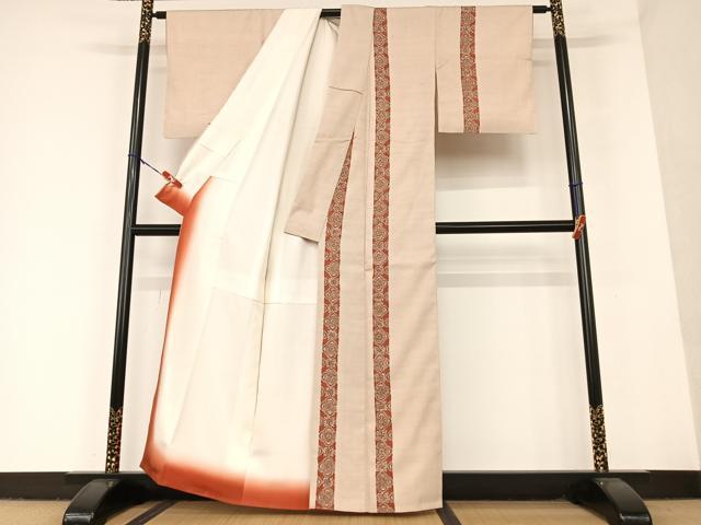 平和屋着物●訪問着　紬地　手描き　更紗花間道　正絹　逸品　AAAU8174zg