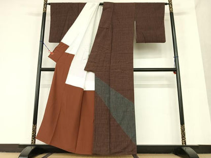 平和屋着物●訪問着 紬地 縞 正絹 逸品 AAAU8179zg