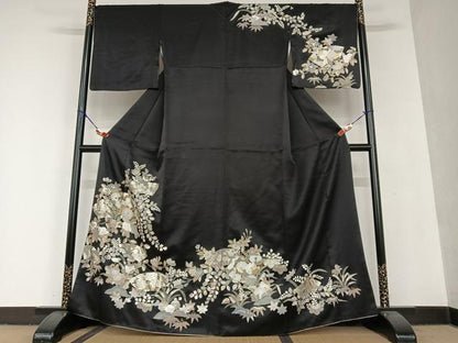 平和屋着物●訪問着 辻が花 地紙重ね花文 黒地 金彩 正絹 逸品 AAAU8206zg