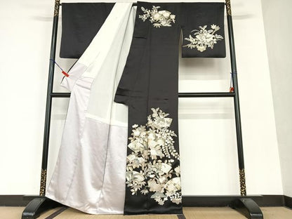平和屋着物●訪問着 辻が花 地紙重ね花文 黒地 金彩 正絹 逸品 AAAU8206zg