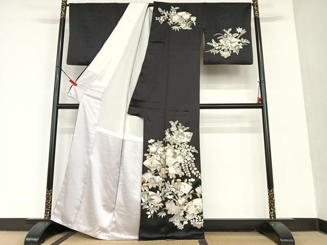平和屋着物●訪問着 辻が花 地紙重ね花文 黒地 金彩 正絹 逸品 AAAU8206zg