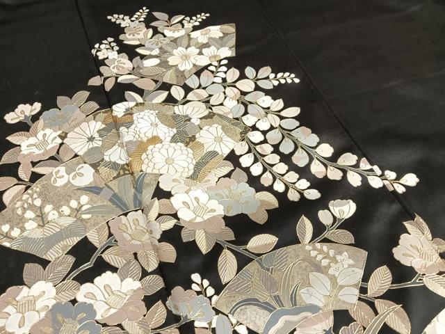平和屋着物●訪問着 辻が花 地紙重ね花文 黒地 金彩 正絹 逸品 AAAU8206zg