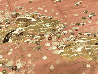 平和屋着物●訪問着 駒刺繍 松竹梅舞扇文 金彩 うそつき襦袢 正絹 逸品 AAAU8285zg