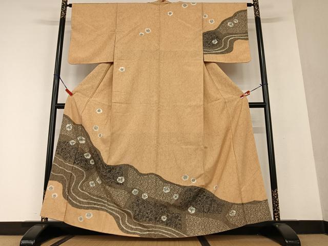 平和屋着物●訪問着 紬地 絞り 道長花唐草文 正絹 逸品 AAAU8301zg