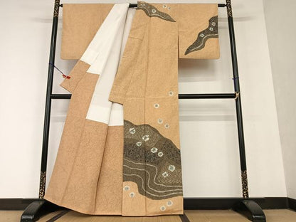 平和屋着物●訪問着 紬地 絞り 道長花唐草文 正絹 逸品 AAAU8301zg