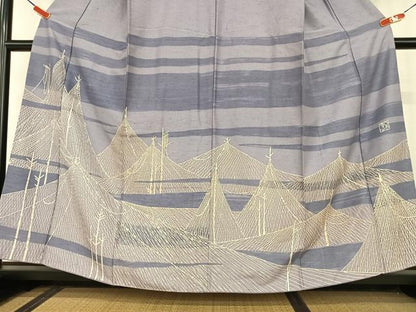 平和屋着物●訪問着　作家物　幸子　紬地　網干風景文　正絹　逸品　AAAU8322zg