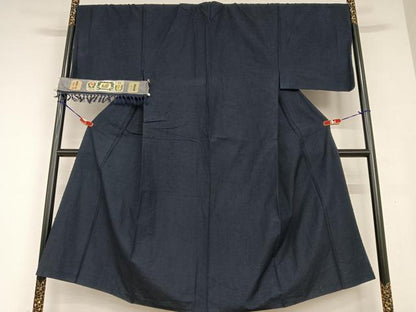 平和屋着物●男性 結城紬 色無地 鉄紺色 証紙付き 正絹 逸品 AAAU8412zg