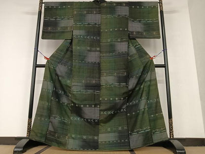 平和屋着物●上質な紬 横段花鳥文 正絹 逸品 AAAU8437zg