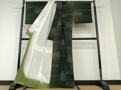 平和屋着物●上質な紬 横段花鳥文 正絹 逸品 AAAU8437zg
