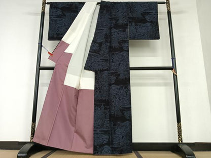 平和屋着物●結城紬　100亀甲　風景草花文　正絹　逸品　AAAU8438zg