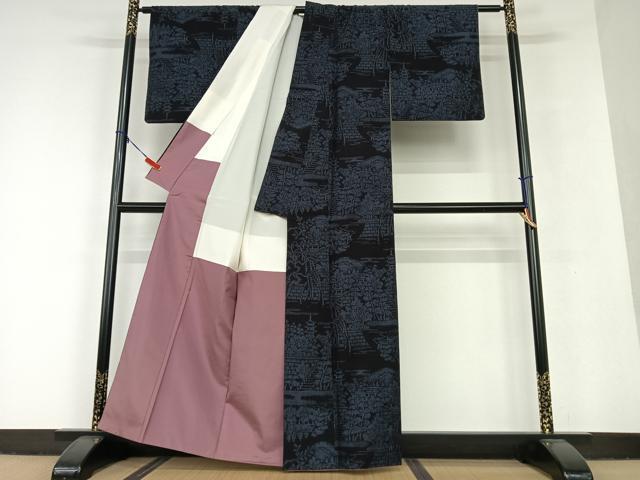 平和屋着物●結城紬　100亀甲　風景草花文　正絹　逸品　AAAU8438zg
