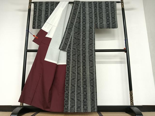 平和屋着物●上質な紬 花唐草間道 正絹 逸品 AAAU8470zg