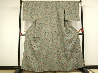 平和屋着物▽上質な小紋 単衣 切嵌花文 正絹 逸品 AAAU8482fy