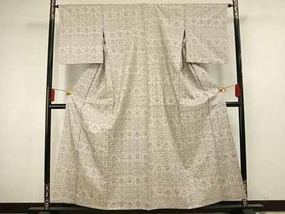 平和屋着物▽上質な紬 単衣 格子花文 正絹 逸品 AAAU8484fy