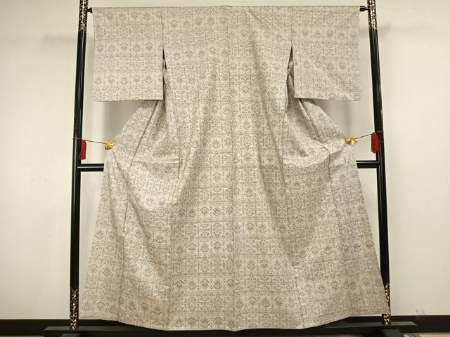 平和屋着物▽上質な紬 単衣 格子花文 正絹 逸品 AAAU8484fy