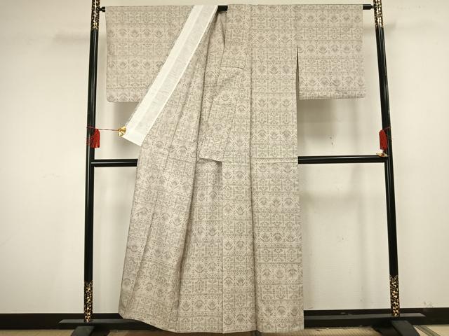 平和屋着物▽上質な紬 単衣 格子花文 正絹 逸品 AAAU8484fy