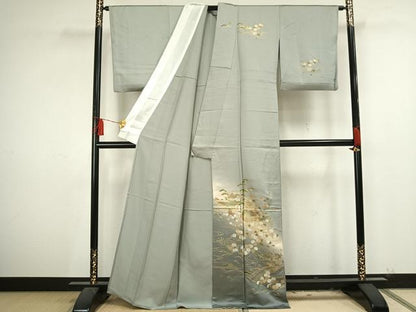 平和屋着物▽訪問着　単衣　風景草花文　金彩　正絹　逸品　AAAU8500fy