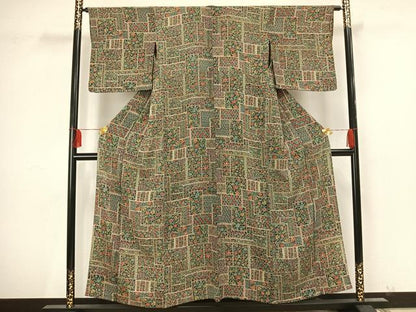 平和屋着物▽上質な小紋　単衣　更紗花文　正絹　逸品　AAAU8506fy
