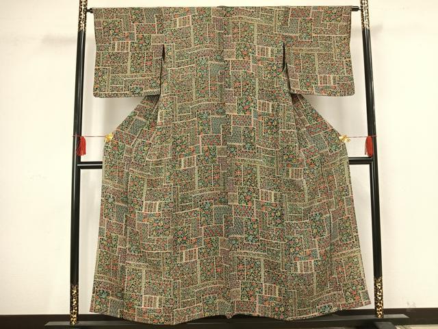 平和屋着物▽上質な小紋　単衣　更紗花文　正絹　逸品　AAAU8506fy