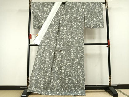 平和屋着物▽上質な紬　単衣　唐草花文　正絹　逸品　AAAU8511fy